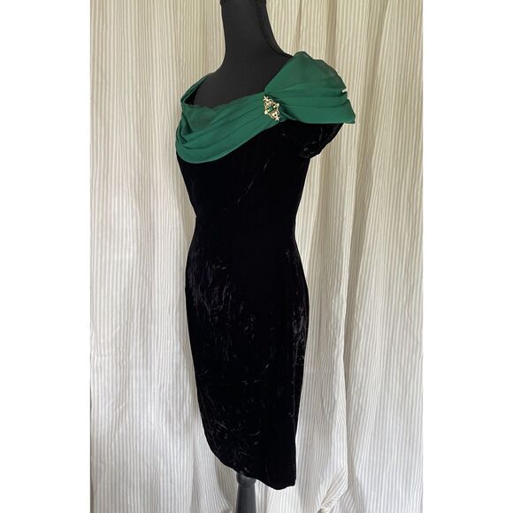 VTG Scott McClintock Black Cocktail Dress Velvet Sz S Green Off Shoulder 90s Y2K - Picture 2 of 8